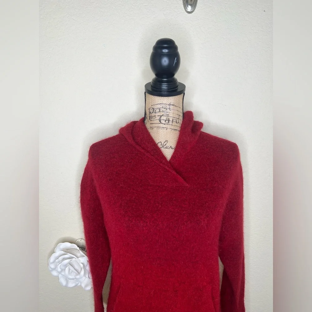 Vince Italy Wool Alpaca Blend Fuzzy Hooded Sweater Cherry Red Oversized XS